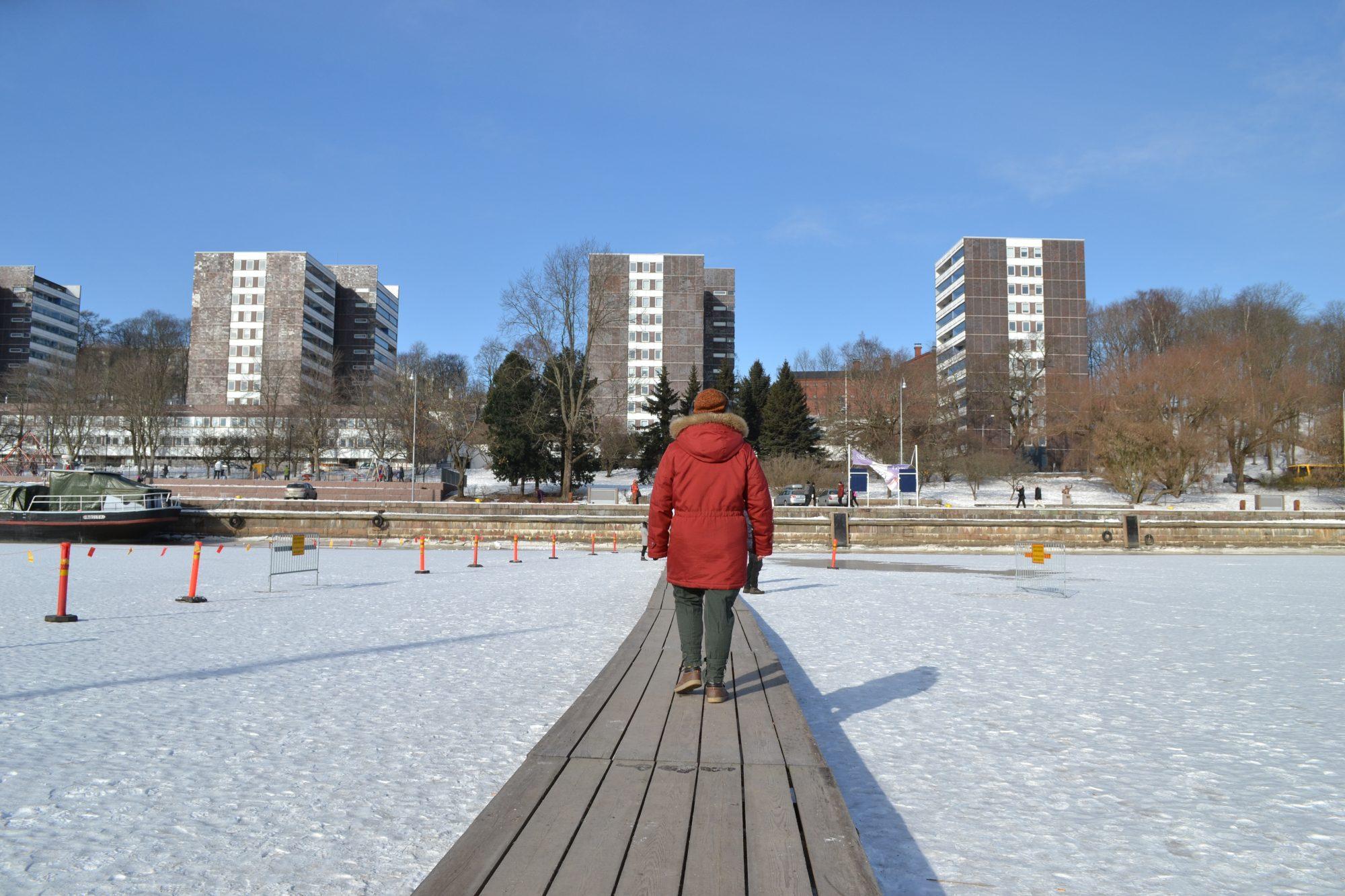 gångbro, aura å, is, vinter, isbro