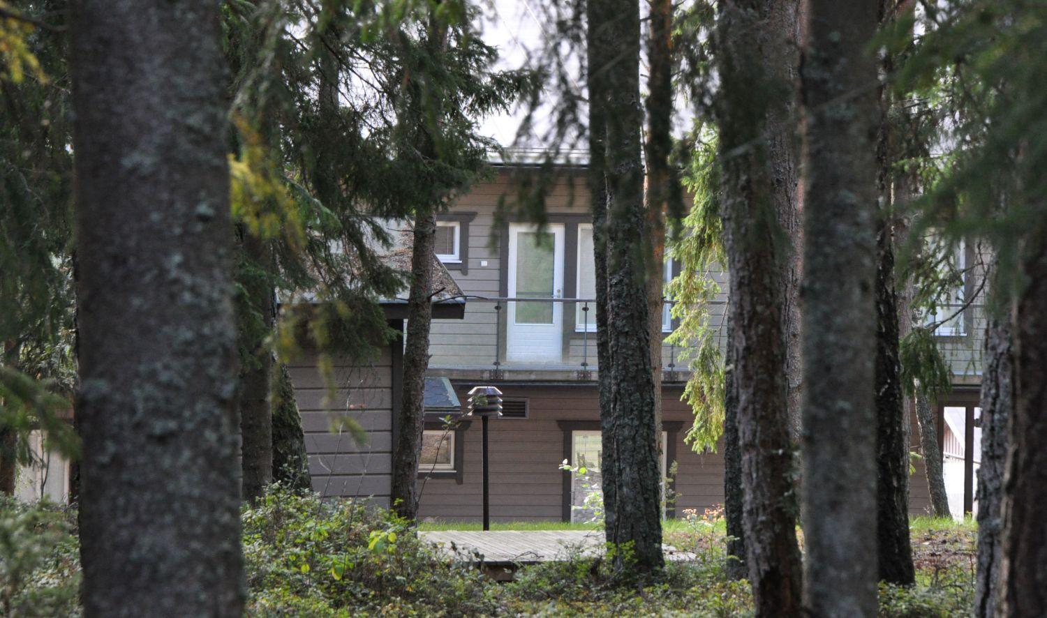ett hus skymtar bakom granar
