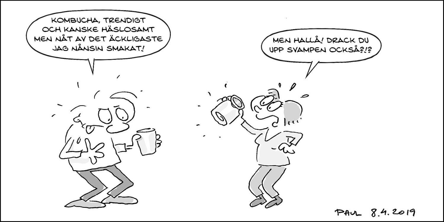 Skämtteckning som föreställer två personer som diskuterar kombucha.