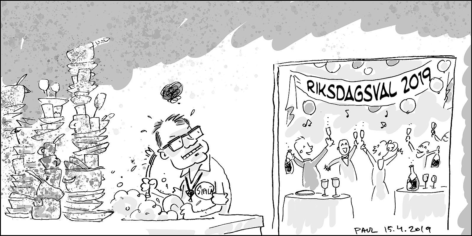 En karikatyr av Juha Sipilä som står i köket och diskar när alla andra festar efter riksdagsvalet 2019.
