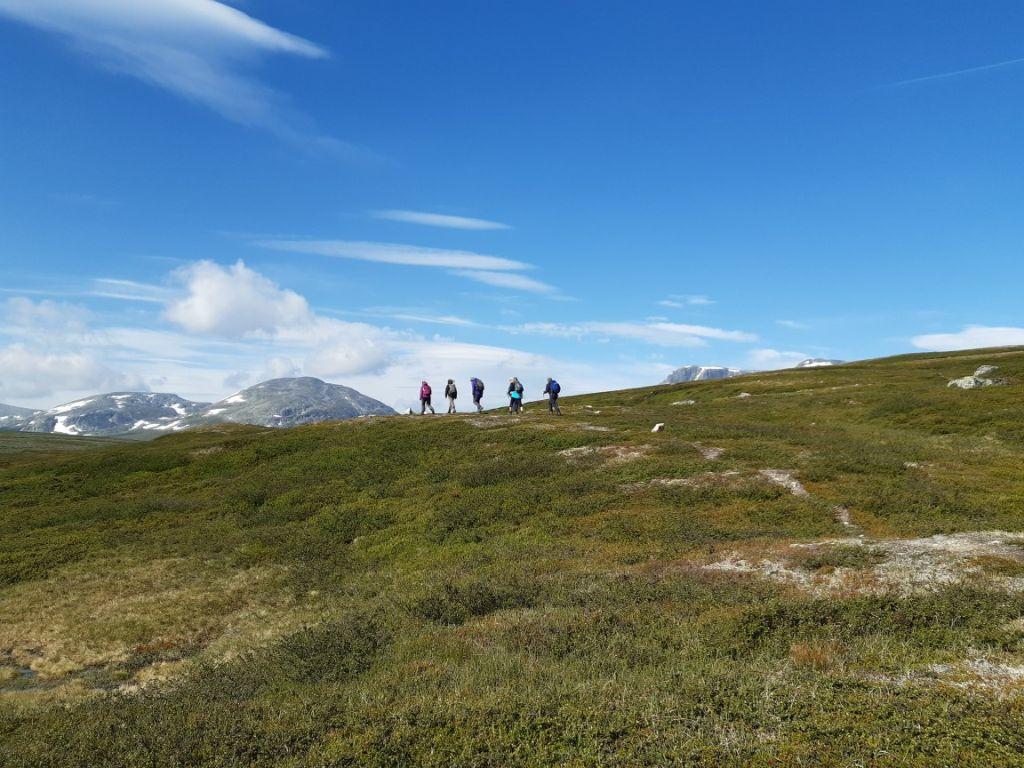 Fem personer vandrar längs ett kalt fjäll under en blå himmel.