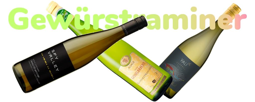 Texten "Gewurstraminer" och tre flaskor vit vin.