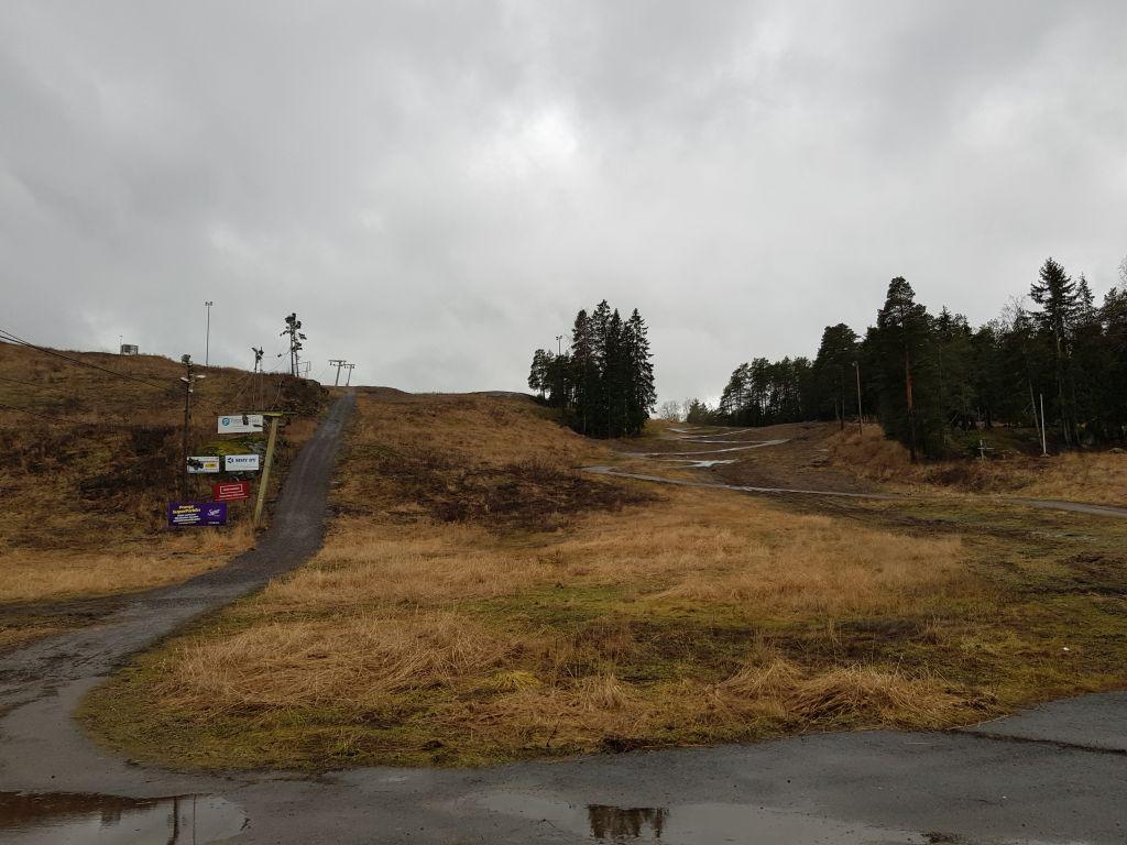en skidbacke utan snö