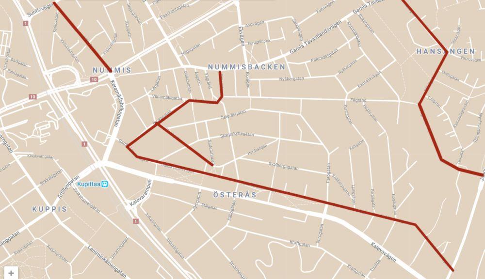 Karta över ett bostadsområde med vägar i Åbo.