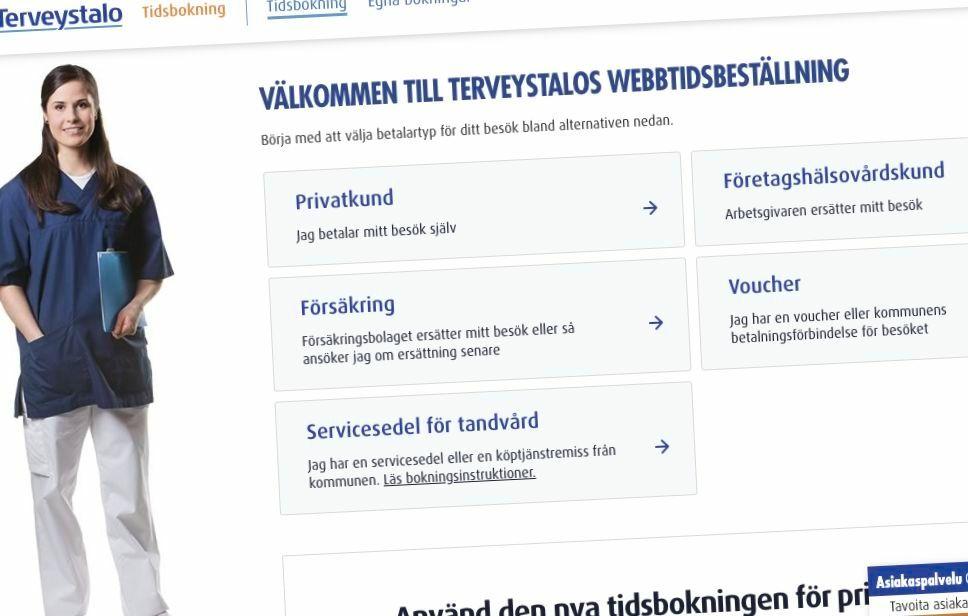 Skärmdum som föreställer Terveystalos sida för nätbokningar.