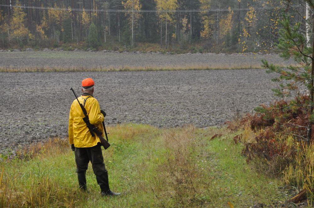 Jägare står med ryggen åt och tittar ut över en åker