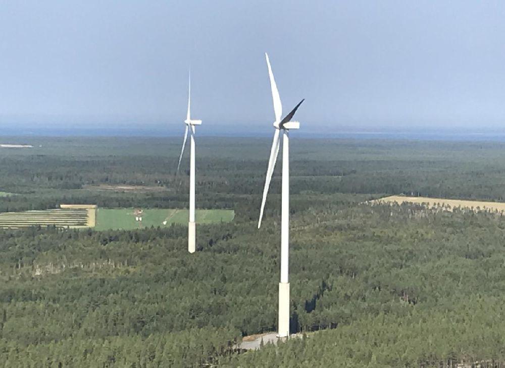 två möllor syns ovanför en skog