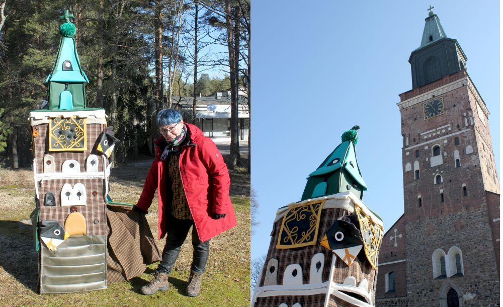 Konstnär med textilminiatyr av Domkyrkan i Åbo