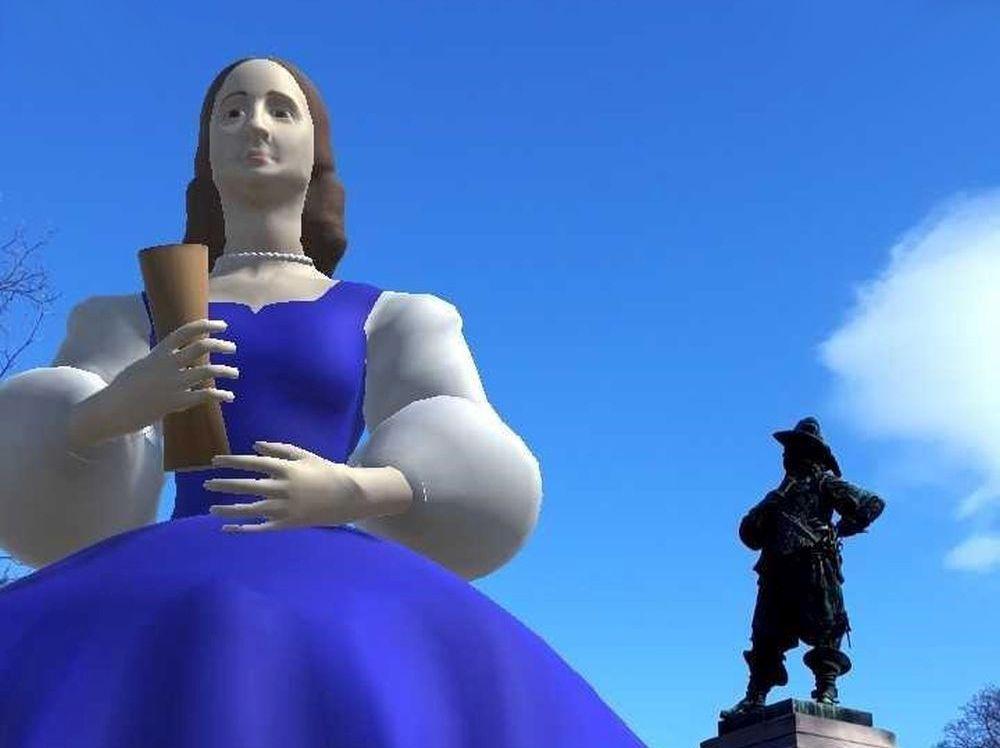 Datorsimulation av kvinna och staty