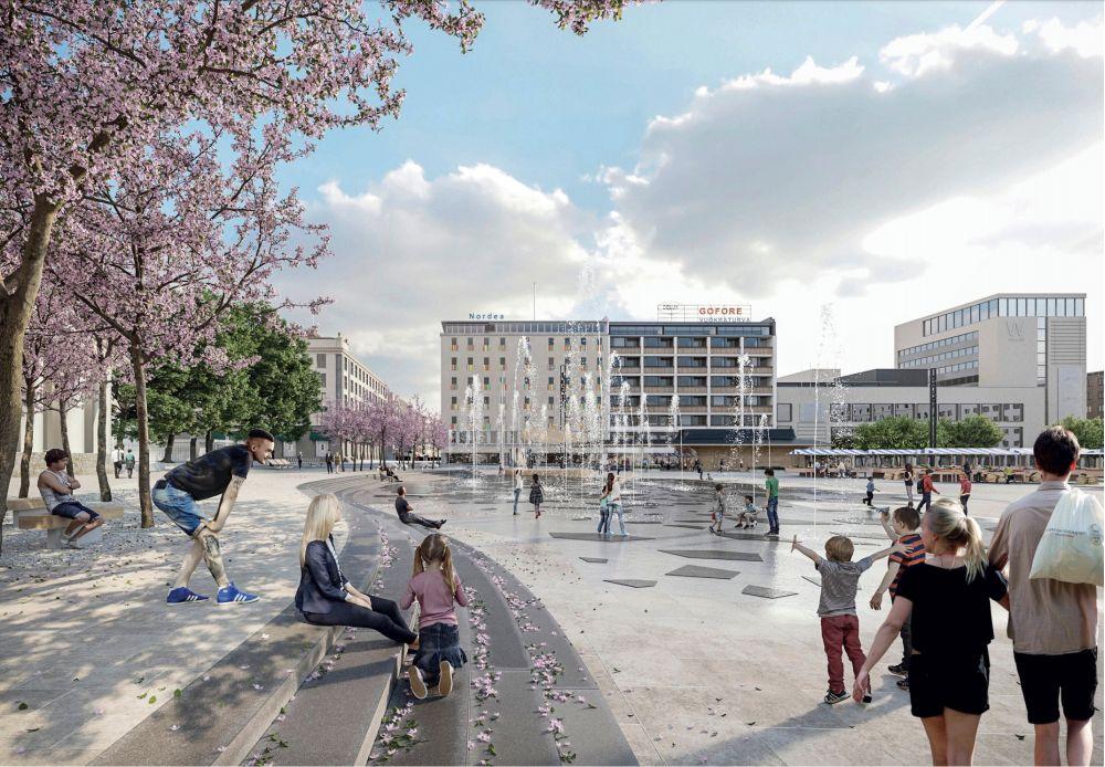 En plan för ett torg med en trappa till vänster, olika formade mörkare stenar på ett annars ljust underlag och vattenfontäner som sprutar vatten.